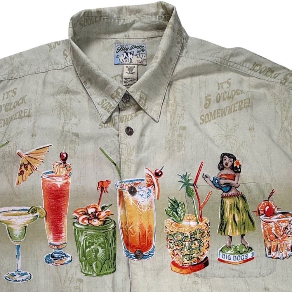 Big Dogs Mens 3X It's 5 O'Clock Somewhere Rayon Tropical Cocktail Camp Shirt Tan